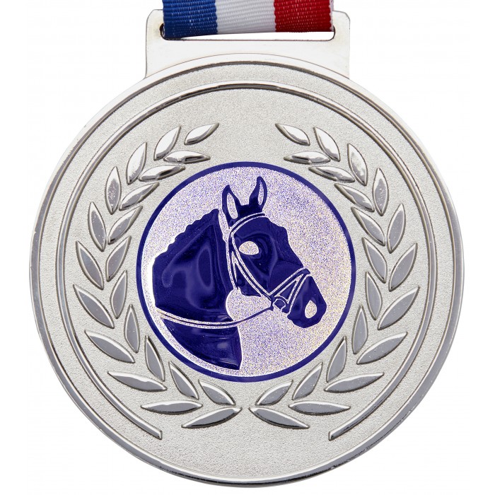 100MM X 6MM THICK OLYMPIC MEDAL & RIBBON - HORSERIDING SILVER